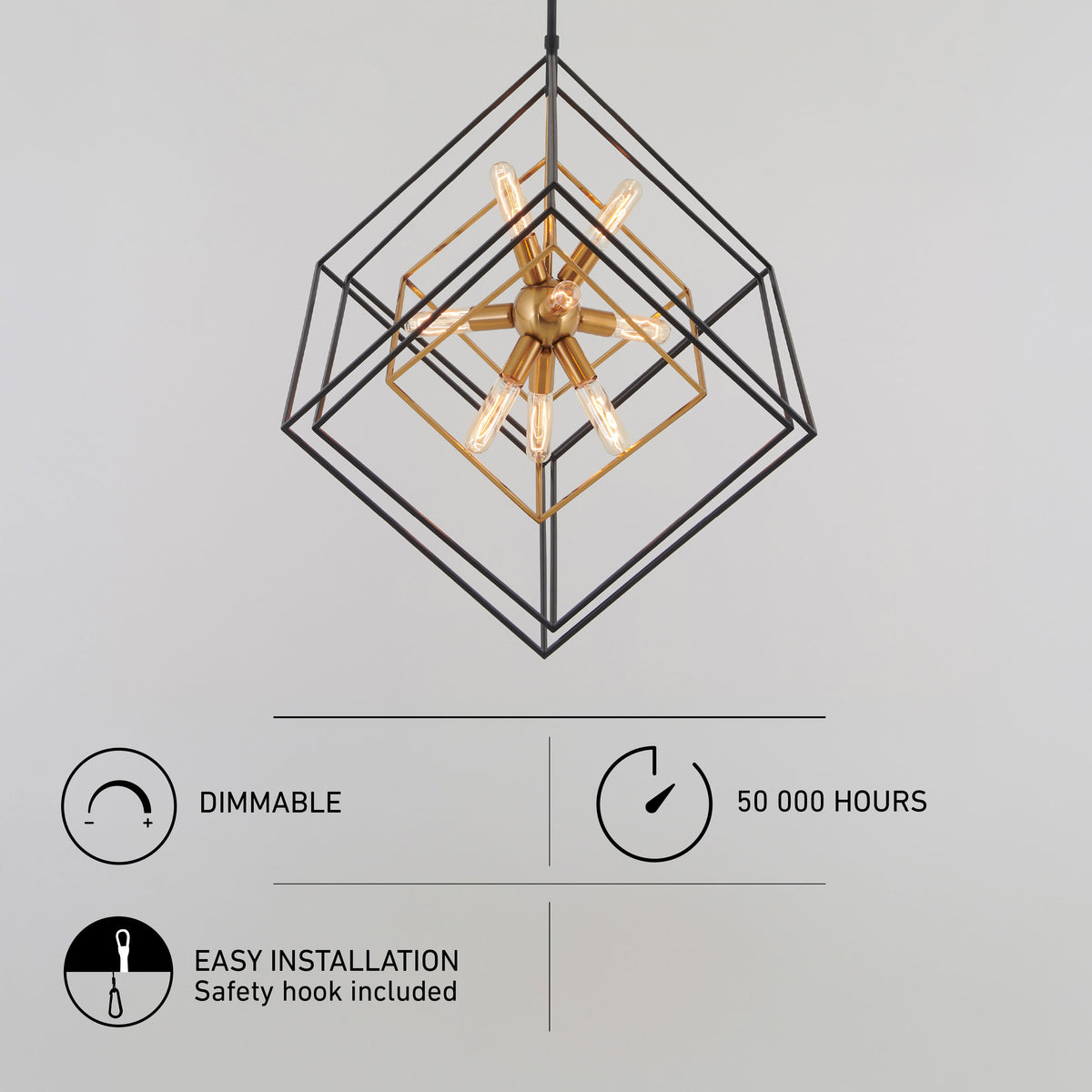 Artika Imperium 9-light chandelier: modern geometric design, exposed bulbs, dimmable, 50,000-hour life, easy safety hook installation.