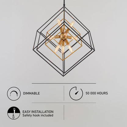 Artika Imperium 9-light chandelier: modern geometric design, exposed bulbs, dimmable, 50,000-hour life, easy safety hook installation.