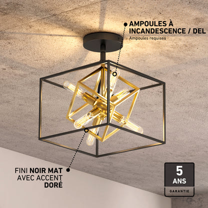 Artika Imperium 6-light 11 in. (27 cm) LED Flush Mount Ceiling Light with a gold sputnik-style center inside a black rectangular metal frame.