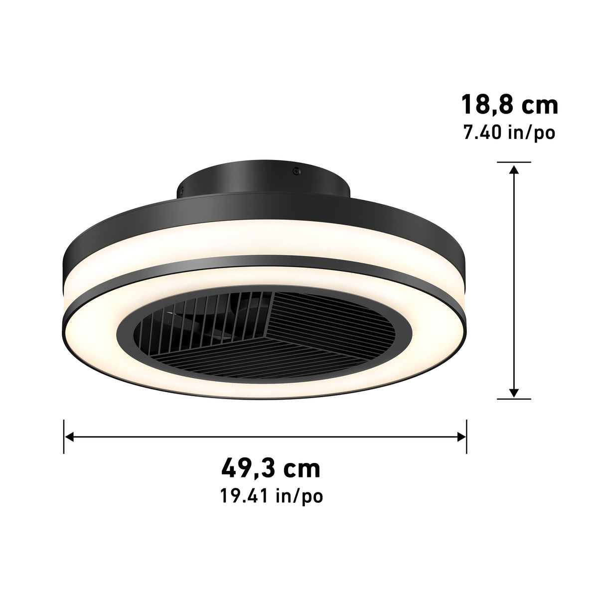 A circular black ceiling fan with an integrated LED light. The fan is 49.3 cm (19.41 inches) wide and 18.8 cm (7.40 inches) tall. Arrows indicate the width and height measurements.