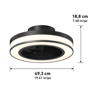 The Artika Elton 19.4 in. LED modern ceiling fan features a black finish with a white illuminated ring, measures 49.3 cm wide by 18.8 cm tall, offers 3 speeds, and includes a remote control.
