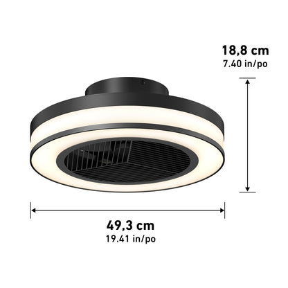 The Artika Elton 19.4 in. LED modern ceiling fan features a black finish with a white illuminated ring, measures 49.3 cm wide by 18.8 cm tall, offers 3 speeds, and includes a remote control.