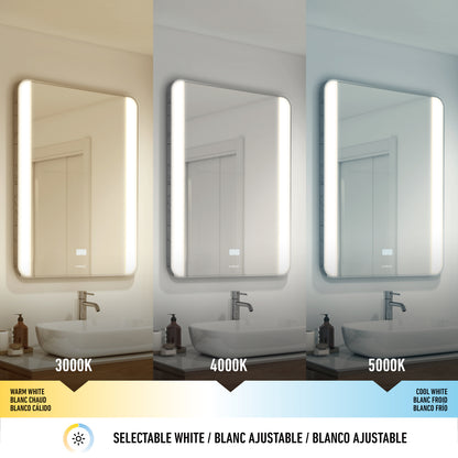 Three Artika Onyx 24″x32″ dimmable mirrors offer warm, neutral, and cool white LED light for your bathroom sink.