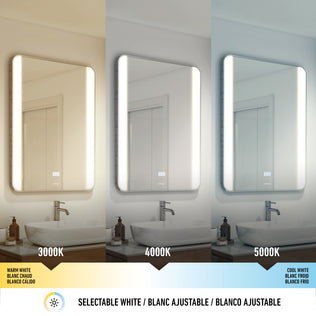 The Artika Onyx LED Mirror with Defogger offers 3 CCTs (3000K/4000K/5000K), perfect for any bathroom sink.