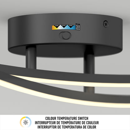 Close-up of the Artika Orly modern LED bathroom vanity light 3 CCT in black, showing its color temperature switch with indicator labels and a centered control button. “COLOUR TEMPERATURE SWITCH” is written below in three languages.