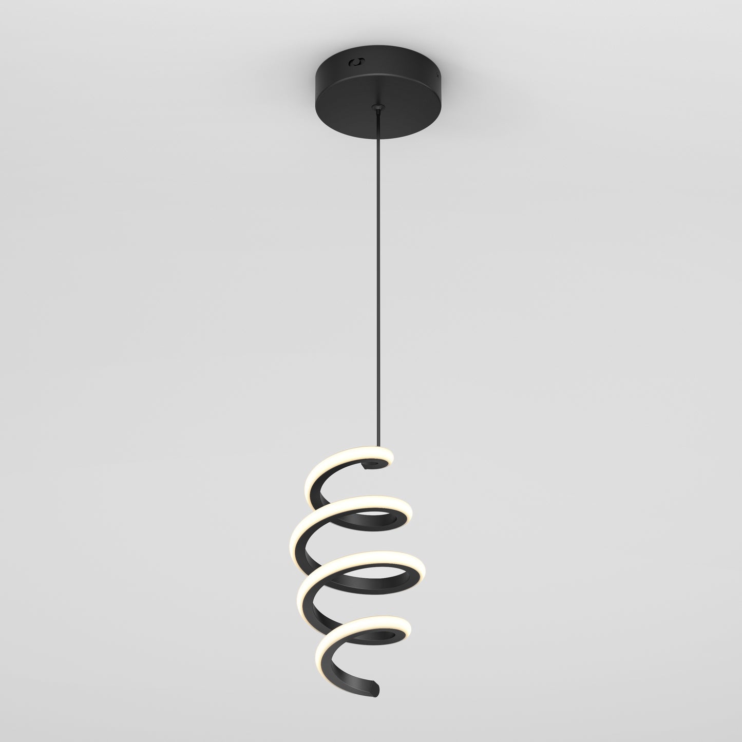 The Artika Chorus 1-light LED pendant features a spiral-shaped fixture with integrated LED lighting, a black circular ceiling mount, and 5 CCT settings, shown against a plain white background.