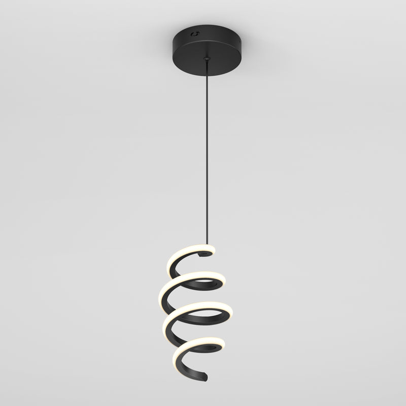 The Artika Chorus 1-light LED pendant features a modern black spiral design, decorative lighting appeal, and hangs from a single black cord against a plain white background. It offers 5 CCT options for customizable illumination.