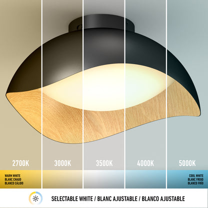The Artika Adara 15 in. LED flush mount light is displayed with a modern black and wood wave design, shown under five selectable white light temperatures from 2700K to 5000K, with each CCT clearly labeled.