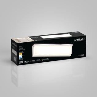 Black rectangular box for Artika Bristol modern LED bathroom vanity light 3 CCT, with product image, details, and dimmable feature on gray background.