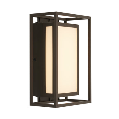 The Artika Ghost indoor-outdoor LED wall light features a modern rectangular metal frame with a bronze finish and a frosted glass panel for soft, diffused illumination.