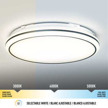 The Artika Emina 13 in. LED flush mount light is shown with adjustable color temperatures: warm white (3000K) left, neutral white (4000K) center, cool white (5000K) right. Below, a graphic shows its dimmable feature and 800 lumens brightness.