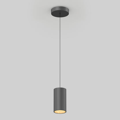 The Artika Alton mini LED pendant light 5 CCT, a modern black cylindrical fixture, hangs by a thin cord and emits a warm glow downward against a plain light gray background.