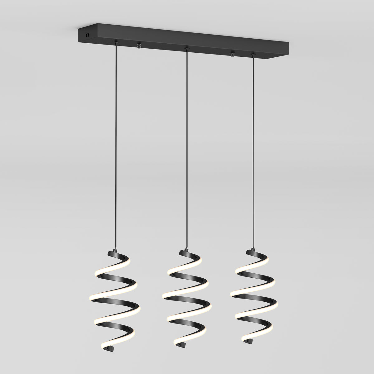 A modern ceiling light fixture with three hanging spiral LED pendants suspended from a rectangular black mount against a plain white background.