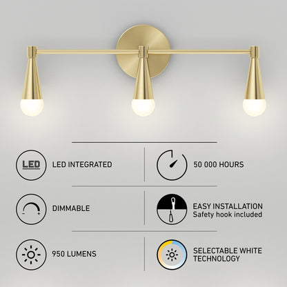 Artika Wayden LED mid-century bathroom vanity light above icons and text listing features: 3 CCT selectable white, LED integrated, dimmable, 950 lumens, 50,000-hour lifespan, and easy installation.