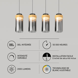Artika Hanson 4-light LED pendant 5 CCT featuring four cylindrical glass pendants with wood-look bands, 2000 lumens, and dimmable LED.