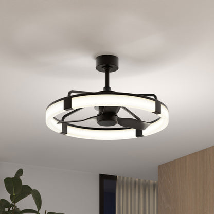 The Artika Sunnyvale 28 in. LED modern ceiling fan with remote features a circular light ring and black blades, mounted on a white ceiling. Adjustable lighting is easily controlled, with a wooden cabinet and green plant visible below.