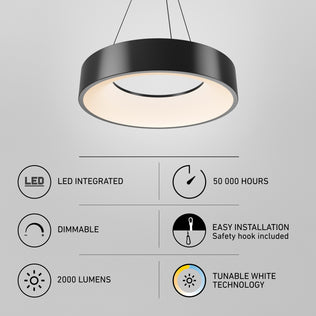 Artika Aiden LED pendant light: circular, 2000-lumen tunable white dimmable fixture with 50,000-hour life and easy installation.