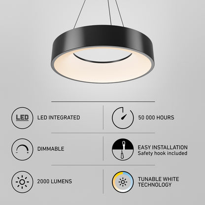 Artika Aiden LED pendant light: circular, 2000-lumen tunable white dimmable fixture with 50,000-hour life and easy installation.
