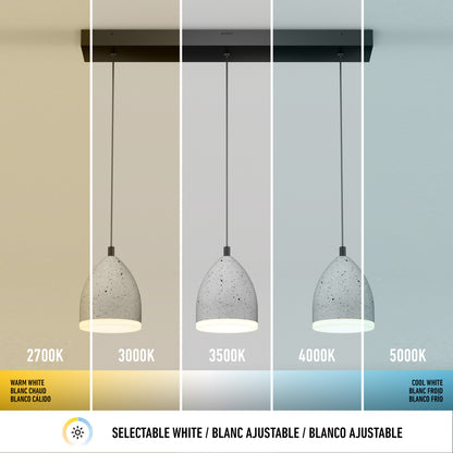 The Artika Bergen 3-light LED pendant light hangs from a ceiling bar, with each pendant shown in different white color temperatures: 2700K (warm), 3000K, 3500K, 4000K, and 5000K (cool), shifting gradually from warm to cool.