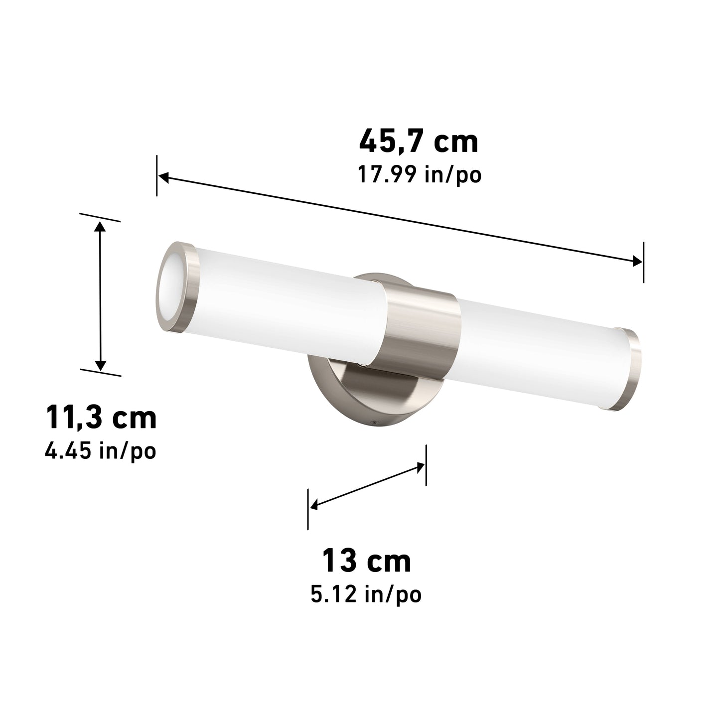 The Artika Adina modern bathroom vanity light 3 CCT is a wall-mounted fixture with a brushed metal base and white shade, measuring 45.7 cm wide, 11.3 cm high, and 13 cm deep.