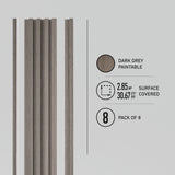 Vertical wood slats in dark grey, described as paintable. Text indicates the pack covers 2.85 m² (30.67 ft²) and includes 8 slats. Simple light background.