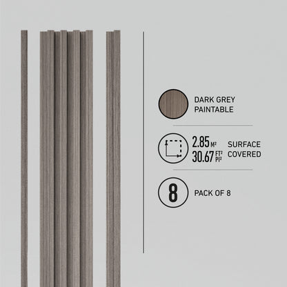 Vertical wood slats in dark grey, described as paintable. Text indicates the pack covers 2.85 m² (30.67 ft²) and includes 8 slats. Simple light background.