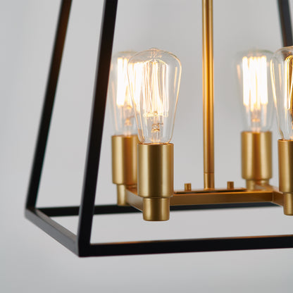 Close-up of the Artika Carter Square 4-light Chandelier, featuring exposed Edison bulbs, gold sockets, and a black geometric metal frame against a plain light background.