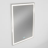 A rectangular wall-mounted mirror with an illuminated LED border and two blue touch control buttons at the bottom, set against a plain white background.
