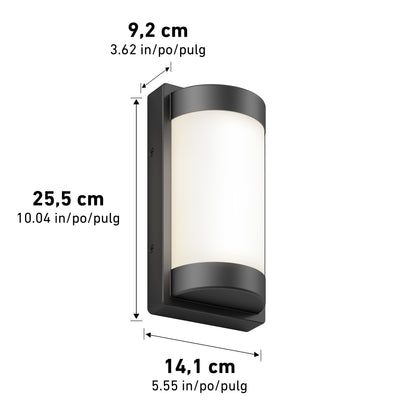 The Artika Fogo modern LED indoor-outdoor wall light 5 CCT features a black frame, frosted white center, and wall-mount design. Dimensions: 25.5 cm (H), 14.1 cm (W), 9.2 cm (D); measurements also listed in inches.