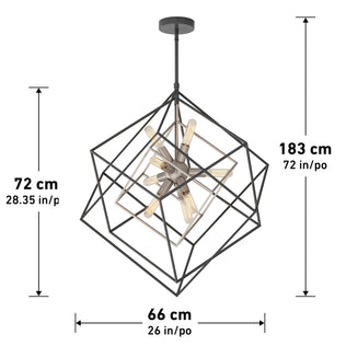 Artika Imperium 9-light chandelier, geometric black design with exposed bulbs; 72 cm high, 66 cm wide, 183 cm drop.