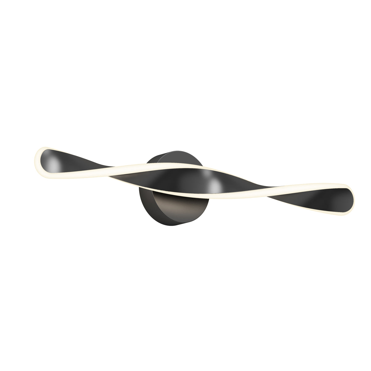 A modern wall light fixture with a black circular base and two twisted, ribbon-like arms featuring white edges, creating a sleek and contemporary design.
