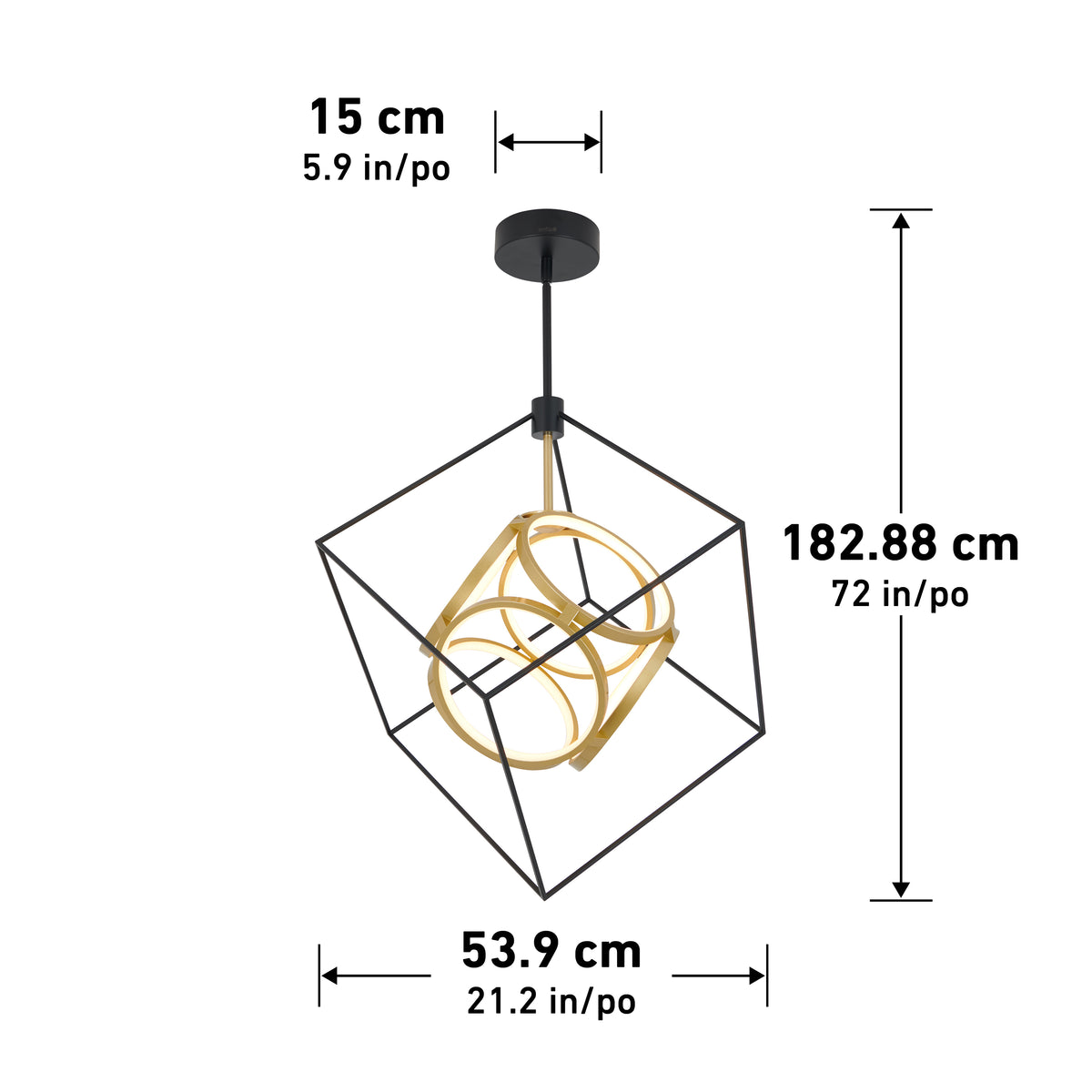 The Artika Luxury LED pendant light features a black and gold geometric cube frame, measuring 182.88 cm high, 53.9 cm wide, with a 15 cm top ceiling mount.
