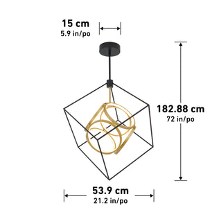 The Artika Luxury LED pendant light features a black and gold geometric cube frame, measuring 182.88 cm high, 53.9 cm wide, with a 15 cm top ceiling mount.