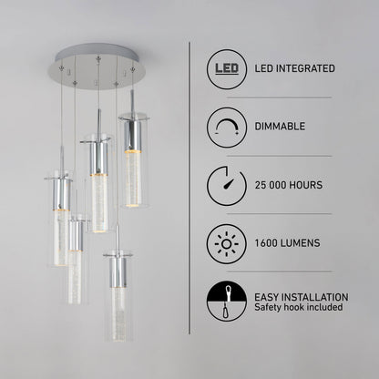 Artika Essence 5-light LED pendant: dimmable, integrated LEDs, 25,000-hour lifespan, and easy to install.
