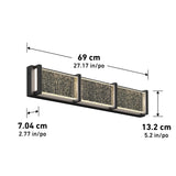 Modern wall light fixture with three rectangular glass panels and a black frame, measuring 69 cm wide, 13.2 cm tall, and 7.04 cm deep. Dimensions are labeled in both centimeters and inches.