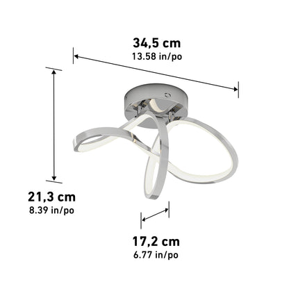 Modern ceiling light fixture with three curved, looped LED arms in chrome. Dimensions labeled: 34.5 cm wide, 21.3 cm high, and 17.2 cm deep, with inch equivalents provided next to each measurement.