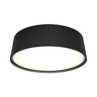 The Artika Groove 13 in. LED modern flush mount light features a round black design with a ribbed textured exterior and a smooth white diffuser on the underside, offering 5 selectable color temperatures.
