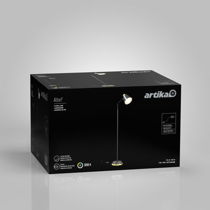 A black box features an image of the Alton LED modern floor lamp, showing its round base and angled shade. The packaging displays the Artika brand name and product details such as Floor Lamp and 3000 K.