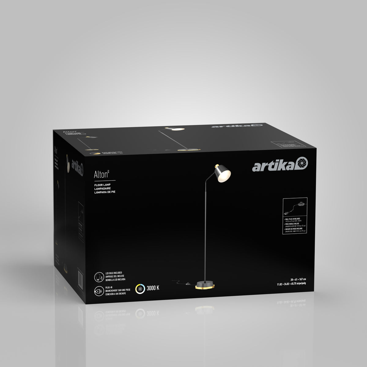 A black box with Artika branding displays an image of a floor lamp called Alton. The lamp has a round base, a slim pole, and a tilted white lampshade, with product details and specifications printed on the box.