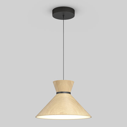 The Artika Inoa LED pendant light features a conical light wood shade with a black cord and round black ceiling mount. This modern fixture offers 5 CCT options and casts a soft, inviting glow.