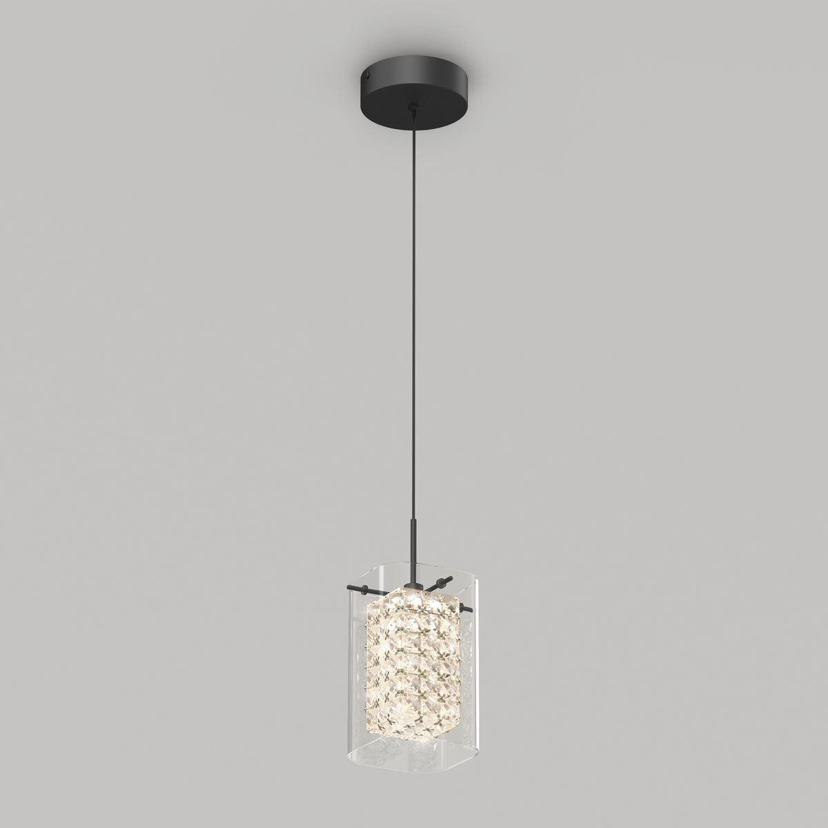 The Artika Crystal Cube 1-light LED pendant light features a black ceiling mount and cord with a cylindrical, textured glass shade that diffuses the light, shown against a plain gray background.