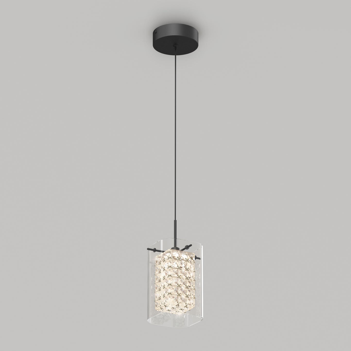 The Artika Crystal Cube 1-light LED pendant light features a black ceiling mount and cord with a cylindrical, textured glass shade that diffuses the light, shown against a plain gray background.