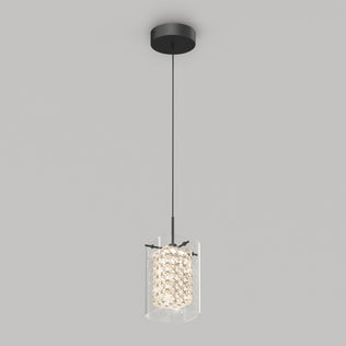 The Artika Crystal Cube 1-light LED pendant light features a black ceiling mount and cord with a cylindrical, textured glass shade that diffuses the light, shown against a plain gray background.