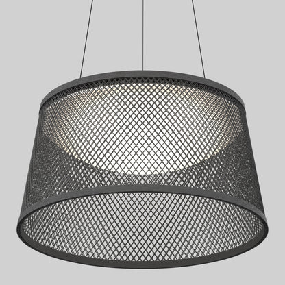 The Artika Adrian LED pendant light 3 CCT features a wide, circular black metal mesh shade, elegantly suspended by two thin wires against a plain grey background.
