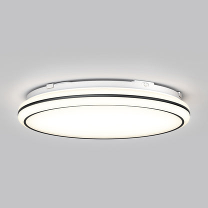 The Artika Emina 13 in. LED flush mount light features a white surface with slim black lines, offering three color temperatures and 800 lumens of soft illumination for light gray ceilings.
