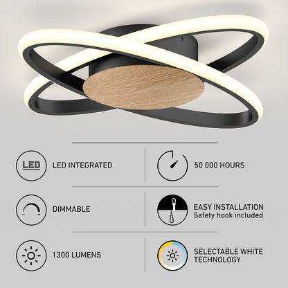 The Artika Atomic 15 in. LED flush mount light features intertwined rings, a wooden base, black accents, 5 selectable color temps (CCT), integrated LED with 50,000-hour lifespan, dimmable 1300 lumens output, and easy installation.