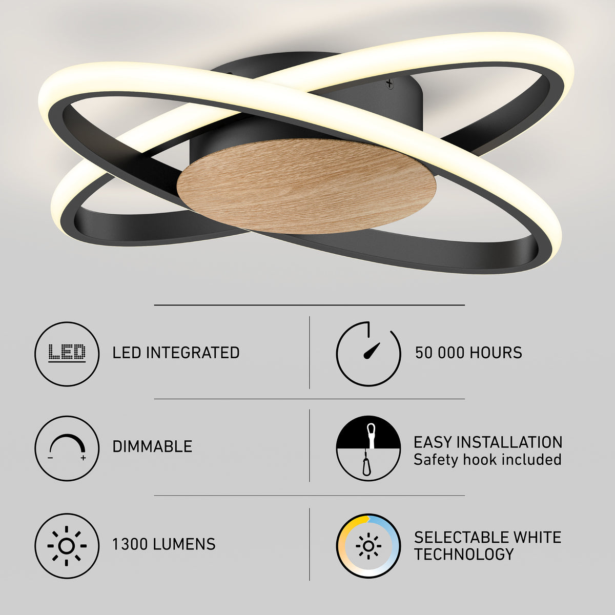 Modern ceiling light fixture with overlapping LED rings, a wood-tone base, and icons highlighting features: LED integrated, 50,000-hour lifespan, dimmable, easy installation, 1300 lumens, and selectable white technology.