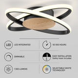 Modern ceiling light fixture with overlapping LED rings, a wood-tone base, and icons highlighting features: LED integrated, 50,000-hour lifespan, dimmable, easy installation, 1300 lumens, and selectable white technology.
