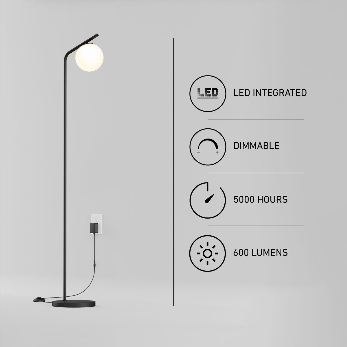 The Artika Clayton dimmable LED modern mid-century floor lamp features a minimalist black design with a round white bulb, 600 lumens brightness, 5000-hour lifespan, and integrated dimmable LED. Shown on a white background with simple icons.