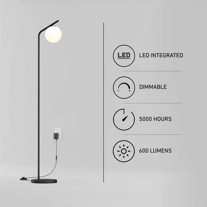 The Artika Clayton dimmable LED modern mid-century floor lamp features a minimalist black design with a round white bulb, 600 lumens brightness, 5000-hour lifespan, and integrated dimmable LED. Shown on a white background with simple icons.